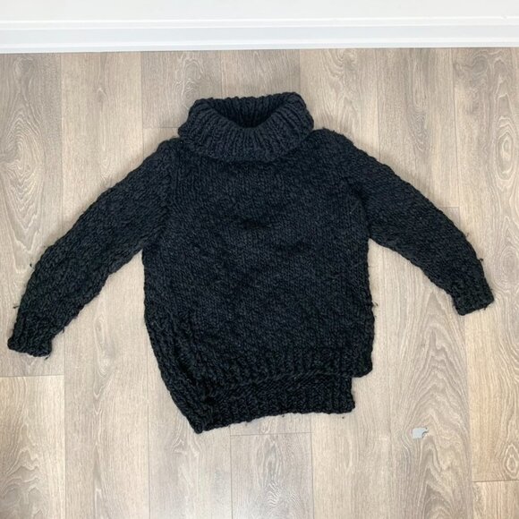 Women's Wolf & Cecil Merino Wool Chunky Knit Sweater Turtleneck Black Cutout - Picture 7 of 16